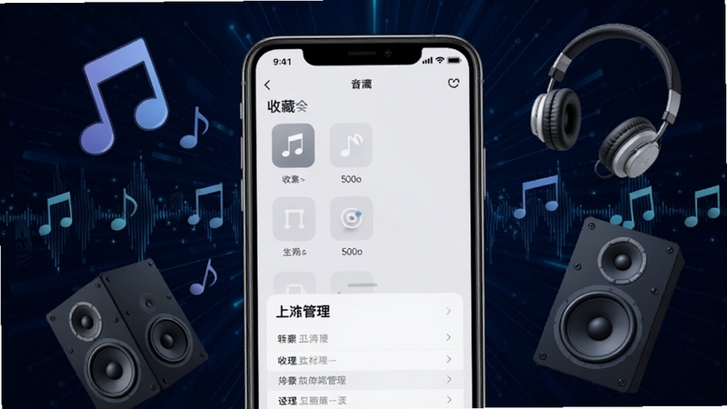 音效素材软件功能展示图,画面中央为手机界面,屏幕中显示收藏夹与下载管理页面,背景区域为深蓝色科技纹理,周围环绕音符、耳机、扬声器等音频元素,整体风格现代简约