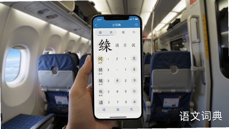 语文词典离线查询功能展示,画面中央是手机屏幕显示汉字查询结果,背景是飞机客舱或地铁车厢环境,突出无网络状态下依然正常使用的场景,软件名称语文词典以水印形式出现在画面右下角