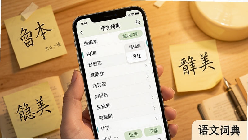 语文词典生词本功能界面,手机屏幕显示生词列表与复习提醒,周围散落着写有汉字的便签纸,背景为暖色调,突出学习管理的便捷性,画面角落标注语文词典