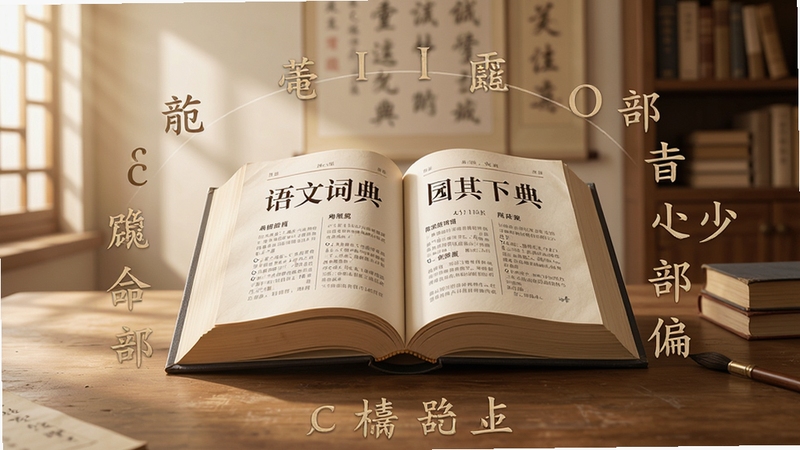 语文词典软件主界面全貌展示,中央放置一本翻开的厚重汉语词典,四周环绕拼音字母与部首偏旁元素,背景为淡雅的书房色调,柔和光线从左侧照入,整体风格写实且富有文化气息