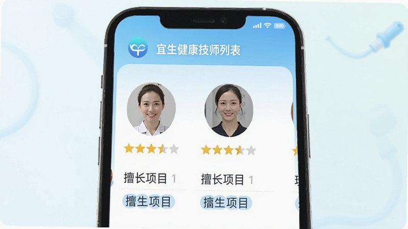宜生健康技师列表页面展示,手机屏幕中呈现多位技师头像、评分星级、擅长项目标签,界面配色清爽,背景为浅色渐变,突出宜生健康App的技师筛选功能,适合Boogu模型生成