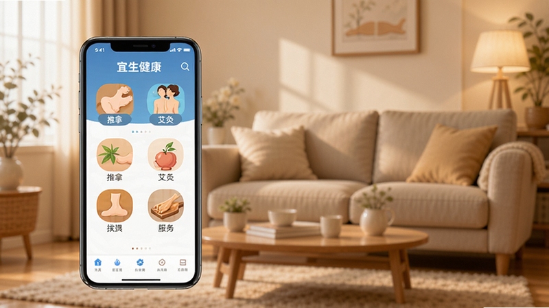 宜生健康App主界面全貌展示,画面中央为手机屏幕呈现宜生健康首页,包含推拿、艾灸、拔罐等服务入口图标,背景区域为温馨的家庭客厅环境,色调温暖柔和,突出健康服务主题,整体构图简洁明快,适合Boogu模型生成