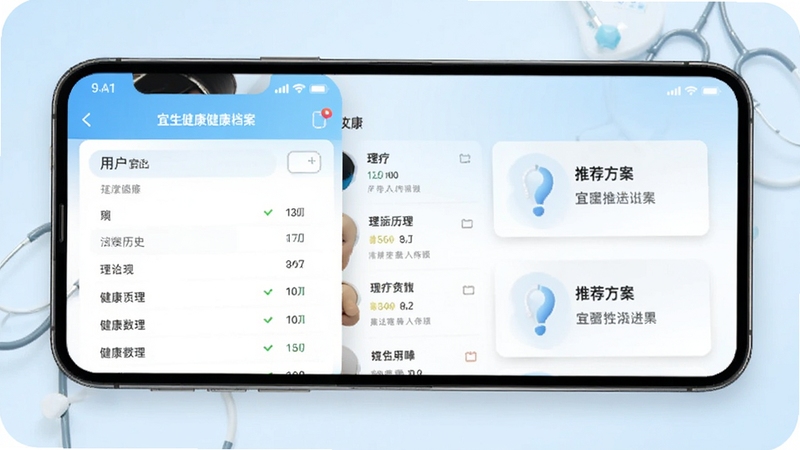 宜生健康健康档案界面,手机屏幕显示用户健康数据记录、理疗历史列表和推荐方案卡片,背景为淡蓝色医疗健康风格,突出宜生健康App的数据管理功能