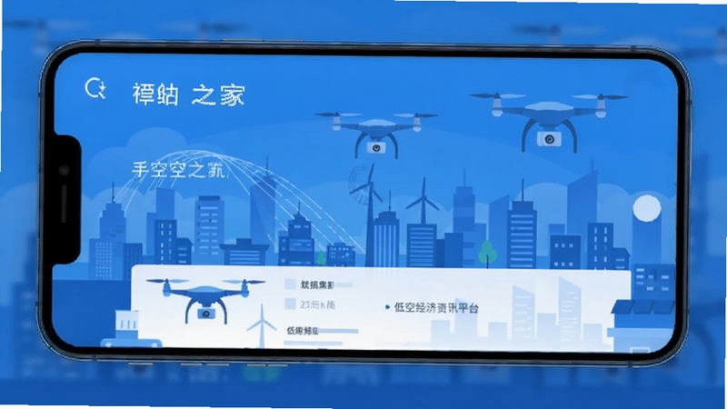 低空之家 手机应用界面展示 低空经济资讯平台 蓝色科技风格 无人机与城市天际线背景 扁平化设计 清晰排版