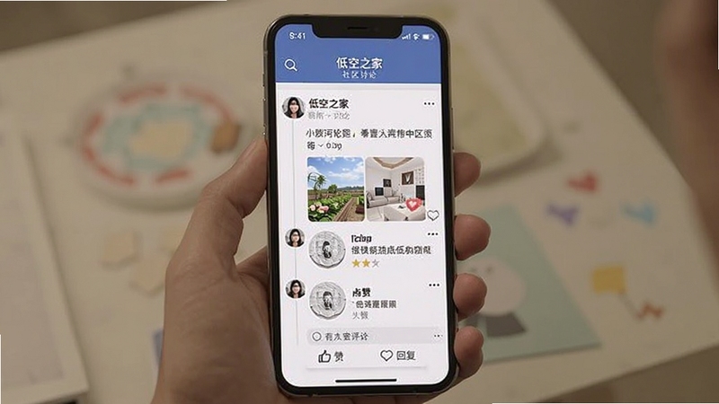 低空之家 社区讨论页面 手机屏幕显示用户发帖与评论区 包含点赞与回复图标 社交互动风格