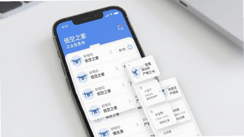 低空之家 企业信息查询界面 手机展示企业列表与详情卡片 包含无人机图标与公司名称 现代简约设计