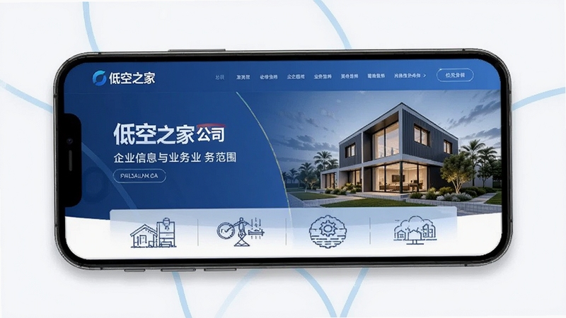 低空之家 公司介绍页面 手机展示企业信息与业务范围 专业商务风格 蓝色调