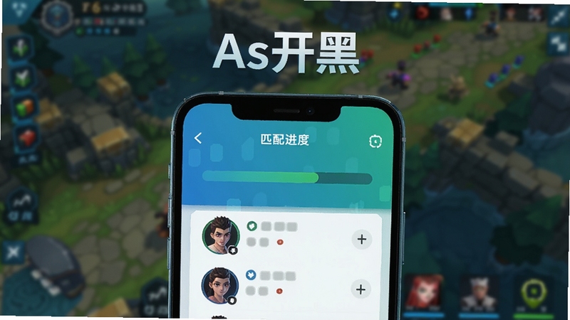 As开黑智能组队匹配功能展示图,画面主体为手机屏幕中显示的匹配进度条与队友头像列表,背景为游戏峡谷场景虚化,屏幕上方标注As开黑字样,画面风格为扁平化科技感,色调以蓝绿为主,适配Boogu模型生成
