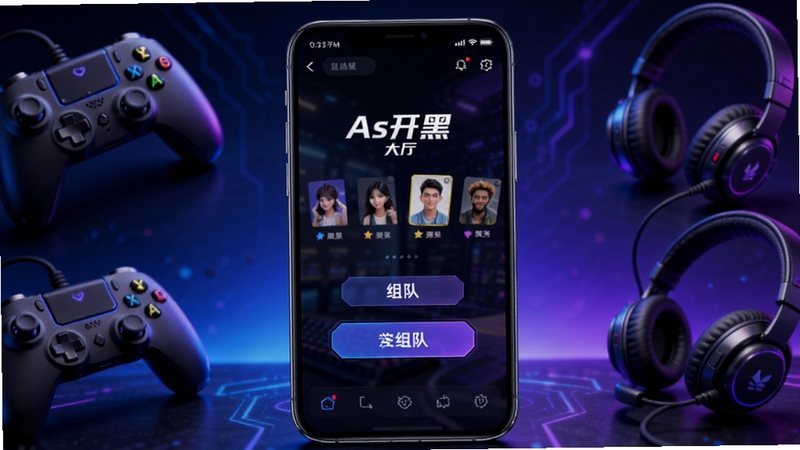 As开黑软件主界面预览图,画面中央展示手机屏幕内的组队大厅,背景为深色科技感电竞风格,屏幕中清晰显示As开黑软件名称与组队按钮,周围环绕游戏手柄与耳机元素,整体色调为蓝紫渐变,适配Boogu模型生成