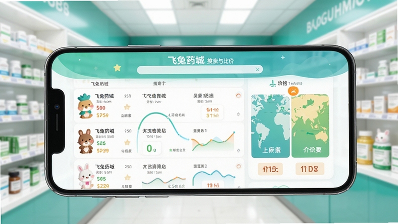 飞兔药城药品搜索与比价功能界面,手机屏幕显示药品列表与价格对比条,背景为明亮药房货架虚化场景,画面色调清新,突出数据可视化元素,适配Boogu模型生成