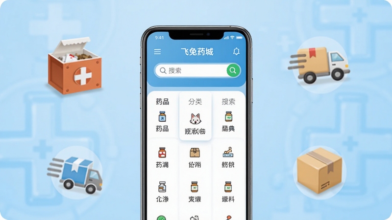 飞兔药城移动端应用主界面展示,画面中央为手机屏幕正视图,屏幕内呈现药品分类导航与搜索栏,背景为浅蓝色渐变医药主题,周围点缀药箱与物流图标,整体风格简洁专业,适配Boogu模型生成