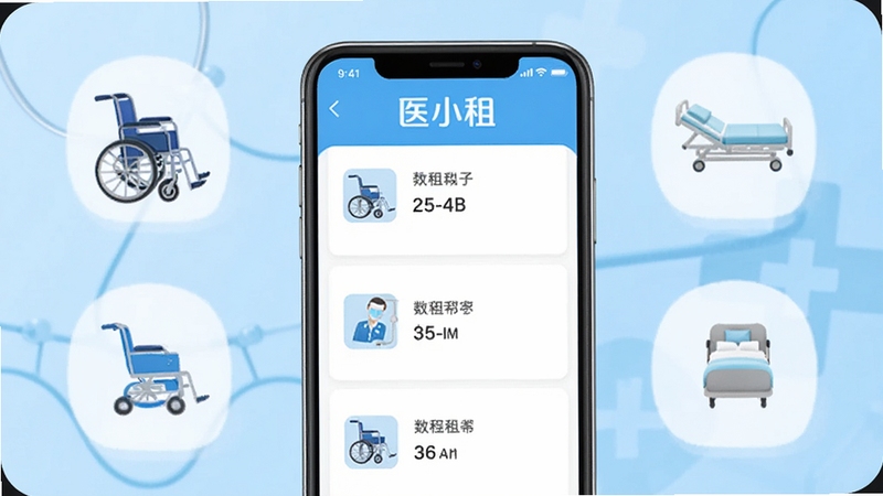 医小租APP官方主界面展示图,画面中央为手机屏幕显示医疗设备租赁列表,背景为浅蓝色医疗健康风格,包含轮椅、护理床等设备图标,突出医小租品牌标识,整体色调清新专业
