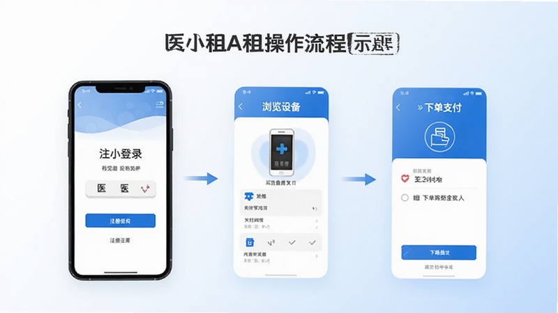 医小租APP操作流程示意图,手机屏幕展示从注册登录到浏览设备再到下单支付的完整界面流程,背景为简洁的白色和浅蓝色渐变,突出医小租移动端操作便捷性