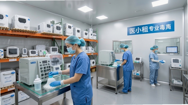 医小租专业消毒车间场景图,画面展示工作人员正在对医疗设备进行清洁消毒操作,背景为整洁的医疗设备仓储环境,突出医小租对设备卫生安全的严格把控