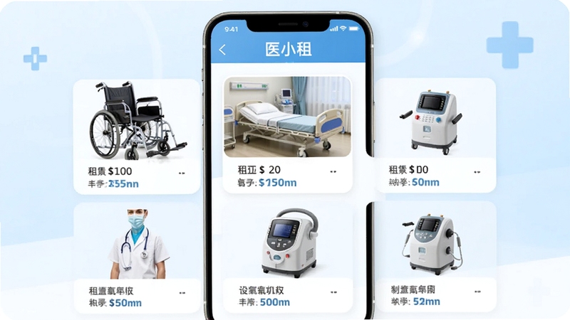 医小租APP设备分类浏览界面,手机屏幕展示轮椅、护理床、制氧机等多个医疗设备卡片,每个卡片带有设备图片和租赁价格,背景为柔和的医疗蓝白色调,画面清晰展示医小租平台设备丰富性