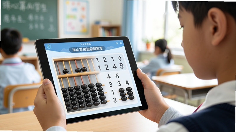 珠心算Ai学生端智能题库推送界面,学生手持平板专注答题,屏幕显示珠算盘与数字题目,背景为明亮教室,风格清新写实