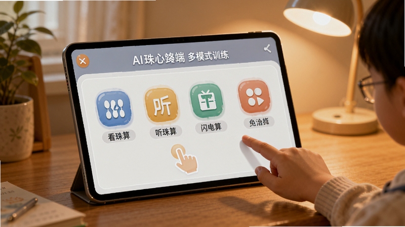 珠心算Ai学生端多模式训练选择页面,界面展示看珠算听珠算闪电算等图标,学生手指点击屏幕,背景为居家书桌,温馨柔和光线