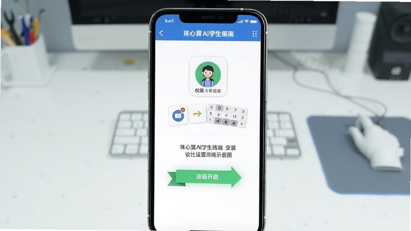 珠心算Ai学生端安装设置权限界面示意图,手机屏幕展示权限开启步骤,背景为简洁操作台,图标清晰