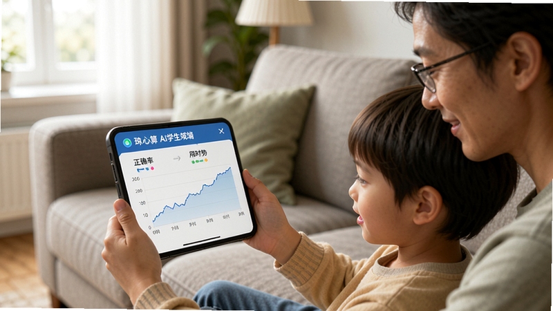 珠心算Ai学生端成绩报告页面,图表展示正确率与用时趋势,家长与孩子一同查看手机屏幕,背景为客厅沙发,自然光氛围