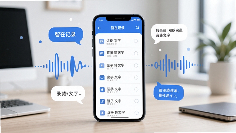 智在记录 软件主界面 手机屏幕展示录音转文字列表 背景为现代办公桌面 柔和光线 扁平化设计风格 主色调蓝白 画面中心为手机模型 周围环绕声波与文字气泡元素 高清细节