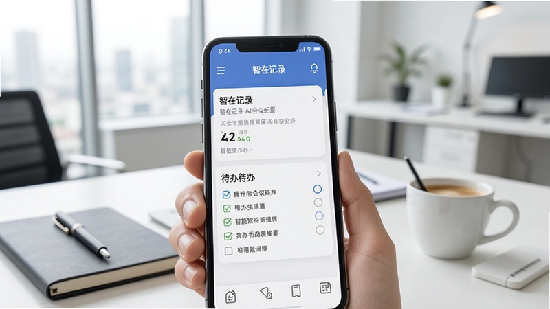 智在记录 AI会议纪要界面 手机屏幕显示摘要卡片与待办列表 背景为明亮办公室 桌面有笔记本和咖啡 画面风格简约商务 突出智能归纳功能