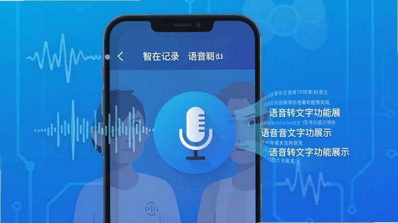 智在记录 语音转文字功能展示 手机屏幕显示声波转换为文字动画 背景为科技蓝渐变 中心为麦克风图标与文字流 扁平插画风格 体现智能识别概念