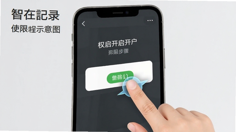 智在记录 使用教程示意图 手机屏幕显示权限开启步骤 背景为浅灰色 画面中有手指点击屏幕的动画效果 风格简洁直观