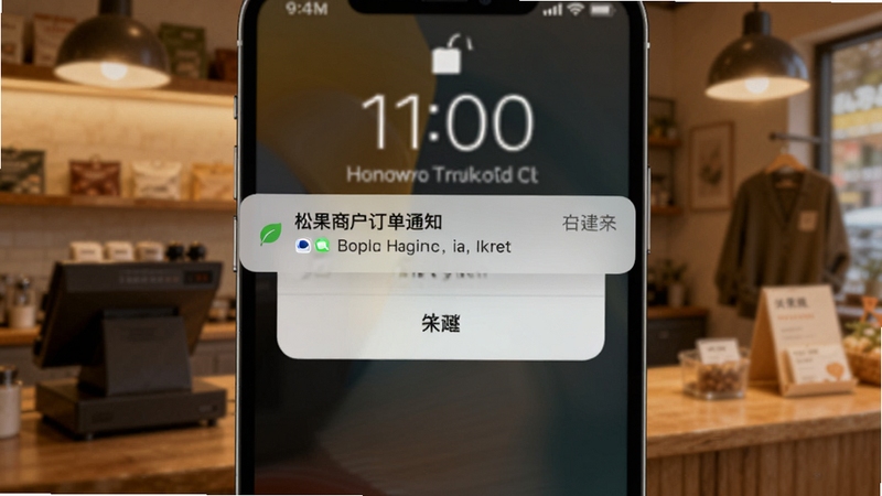 松果商户订单通知弹窗界面,画面主体为手机锁屏状态下的通知横幅,背景为模糊的店铺柜台场景,暖色调灯光,突出即时提醒功能,适配Boogu模型生成