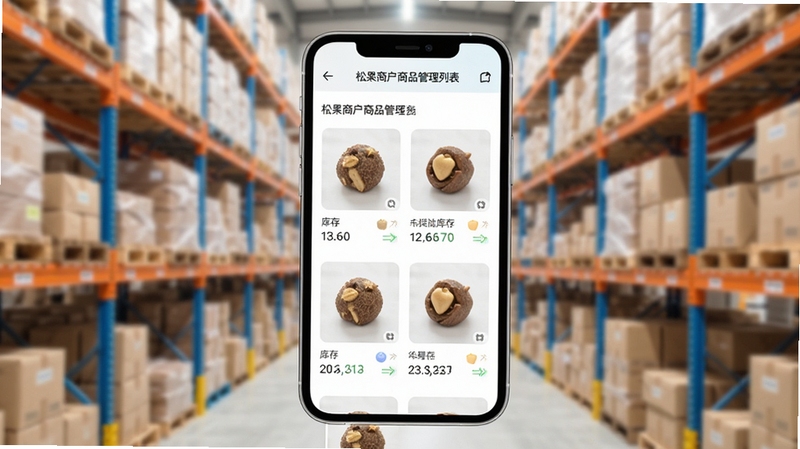 松果商户商品管理列表页面展示,画面中央为手机屏幕显示商品缩略图与库存数字,背景区域为仓库货架虚化场景,色调清新明亮,体现移动化库存管理场景,适配Boogu模型生成