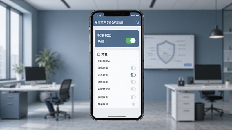 松果商户多角色权限设置界面,画面中央为手机屏幕显示权限开关与角色列表,背景为简约办公室环境,蓝灰色调,体现团队协作与安全管理,适配Boogu模型生成