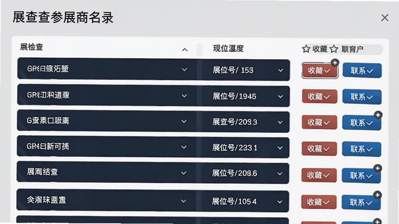 展查查参展商名录页面,列表展示多家企业名称与展位号,右侧有收藏与联系按钮,背景为浅灰色,体现商务工具属性。