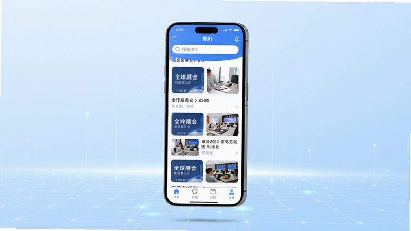 整体展示展查查移动端应用界面,画面中央悬浮一部智能手机,屏幕显示全球展会列表与搜索框,背景为浅蓝色渐变科技感网格,画面明亮简洁,突出展会查询主题。