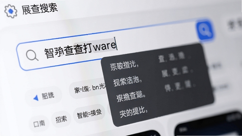 展查查搜索界面特写,搜索框内输入关键词后弹出联想词列表,下方展示筛选条件标签,背景为柔和白色,突出智能搜索交互细节。