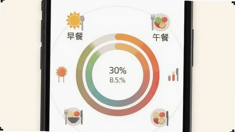 卡路里热量记录本 每日热量圆环进度展示 手机屏幕中央是一个彩色圆环进度条 周围环绕着早餐午餐晚餐的图标 背景是柔和的米白色 扁平化设计 数据可视化风格