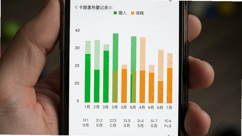 卡路里热量记录本 热量趋势柱状图 手机屏幕展示一周的柱状图 绿色柱代表摄入 橙色柱代表消耗 背景为白色 底部有日期标签 极简数据图表风格