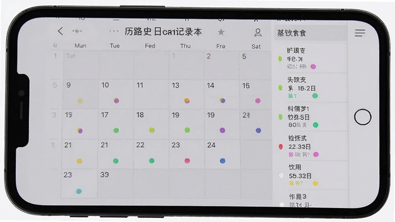 卡路里热量记录本 历史日历视图界面 手机屏幕显示月历 部分日期下方有彩色小圆点标记 侧边栏展示某日饮食清单 背景是浅灰色 商务简约风格