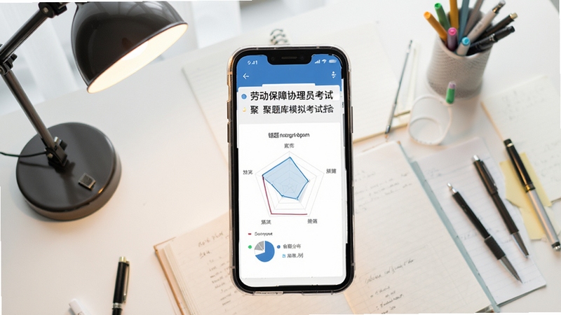劳动保障协理员考试聚题库模拟考试报告页面,手机屏幕显示分数、雷达图和错题分布饼状图,背景为书桌俯拍视角,有台灯和文具点缀,画面明亮干净,强调数据分析与备考规划,写实风格