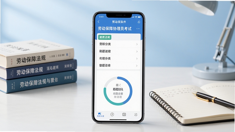 整体展示劳动保障协理员考试聚题库软件首页界面,画面主体为一部竖屏智能手机居中放置,屏幕显示题库分类列表与刷题进度环,背景区域为淡蓝色渐变书房环境,书桌上散落劳动保障法规书籍与笔记本,整体风格清新写实,光线柔和,突出学习备考氛围,画面比例16:9,高清细节