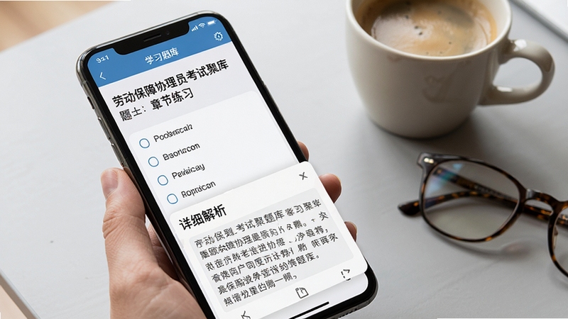 劳动保障协理员考试聚题库章节练习界面特写,手机屏幕显示题目与四个选项,下方展开详细解析卡片,背景为浅灰色桌面,旁边放着一杯咖啡和一副眼镜,画面温暖自然,突出学习沉浸感,高清写实风格