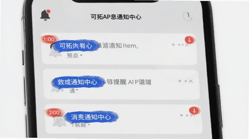 ����APP��Ϣ֪ͨ���Ľ��棬�ֻ���Ļ��ʾ����������Ϣ��Ƭ������ͼ�꣬����Ϊǳ��ɫ��������Ϣ��Ƭ���к�ɫδ����Ǻ���ɫ�����ǩ��ͻ����Ϣ���ѵļ�ʱ���������ԣ�����Booguģ������