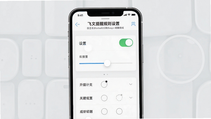 飞翎信息提醒器 自定义提醒规则设置界面,画面中央为手机屏幕展示设置面板,面板上有开关按钮、滑块调节和分类选项,背景为浅灰色简约风格,突出设置功能的直观性,适配Boogu模型生成