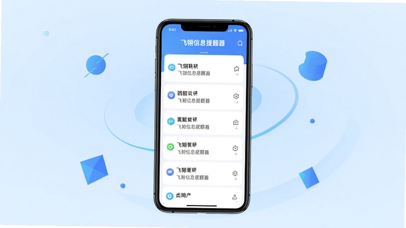 飞翎信息提醒器 软件主界面全貌展示,画面中央为手机屏幕正视图,屏幕内呈现简洁清爽的消息提醒列表界面,顶部有软件名称标识,背景为柔和的浅蓝色渐变,周围点缀少量几何图形装饰,整体风格现代科技感,适配Boogu模型生成