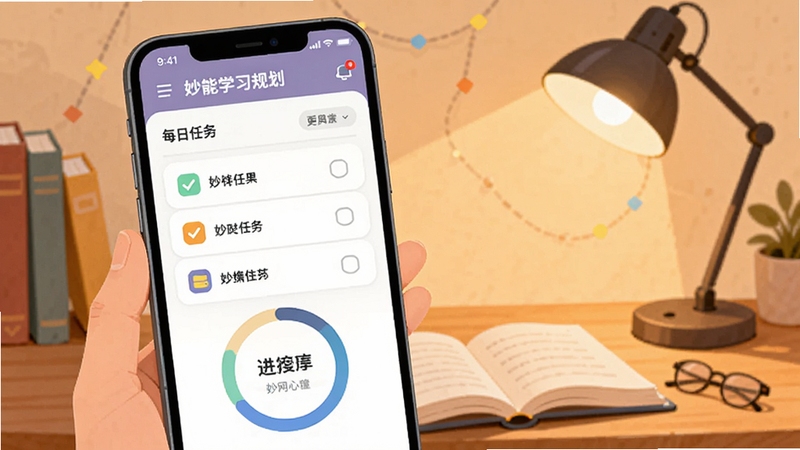 妙学吧智能学习规划界面,手机屏幕显示每日任务清单与进度圆环,背景为书桌与台灯,温暖学习氛围,扁平插画风格