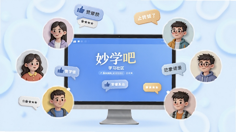 妙学吧学习社区互动场景,多位用户头像围绕讨论区,点赞与评论气泡漂浮,背景为淡蓝色渐变,社交学习氛围