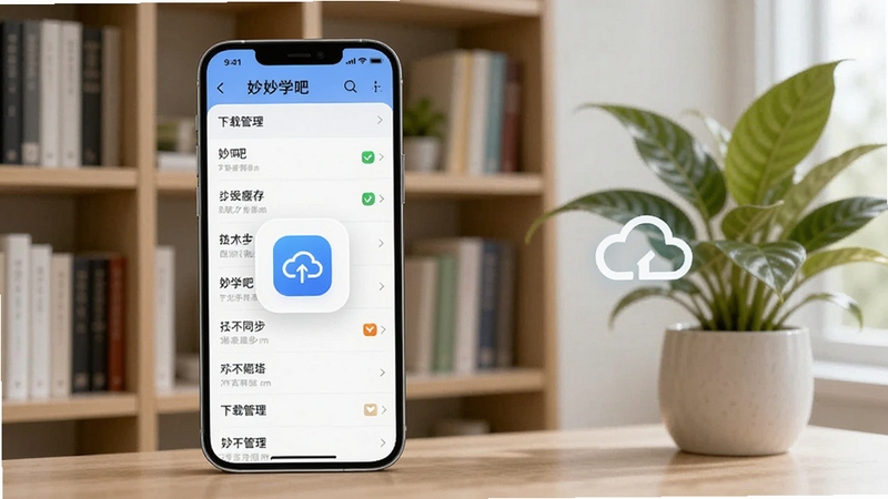 妙学吧离线缓存功能展示,手机显示下载管理列表与云端同步图标,背景为书架与绿植,简约科技感