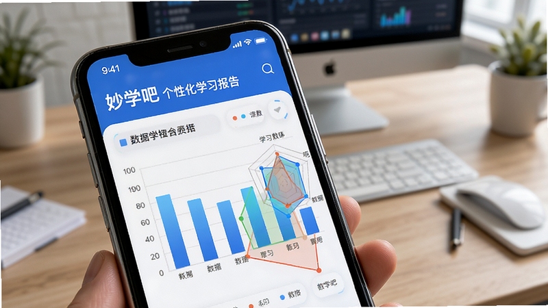 妙学吧个性化学习报告页面,柱状图与雷达图展示学习数据,手机屏幕特写,背景为办公桌面,数据可视化风格