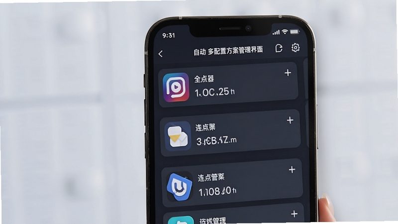 连点器自动 多配置方案管理界面展示,画面主体为手机屏幕上的配置卡片列表,每张卡片标注不同应用图标与参数摘要,背景为柔和浅灰色,整体呈现高效管理氛围