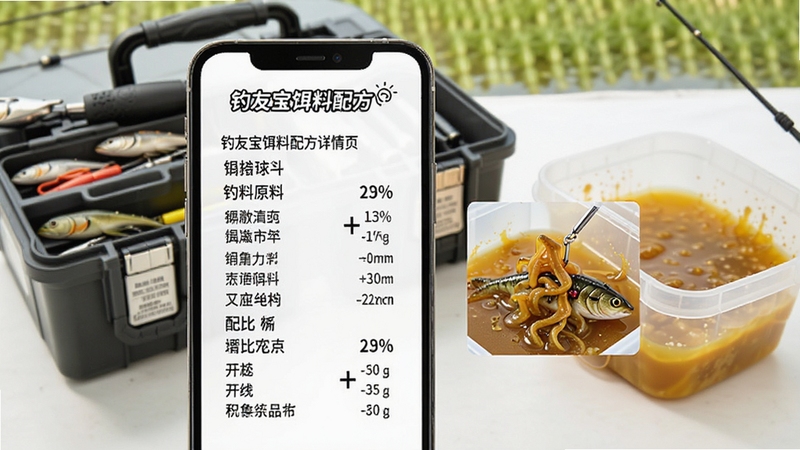 钓友宝饵料配方详情页,手机屏幕上展示饵料原料列表和配比百分比,旁边有小图展示开饵状态,背景是钓鱼工具箱和饵料盆,光线明亮