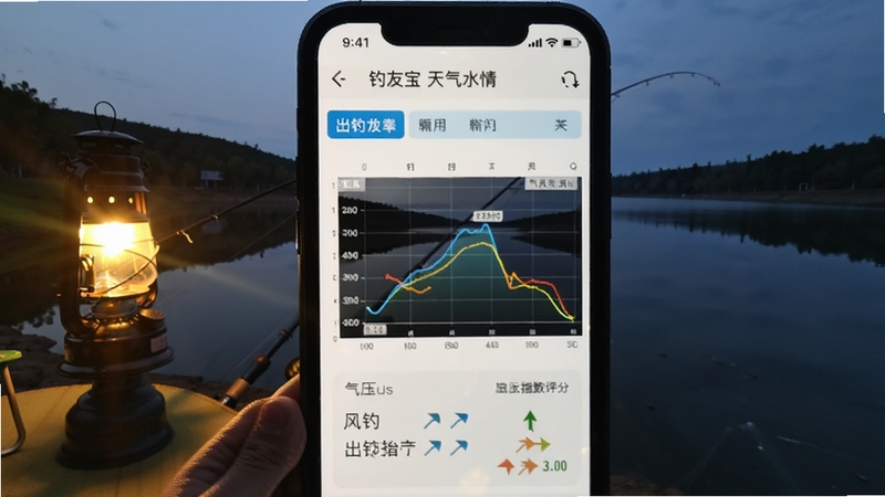 钓友宝天气水情页面,手机屏幕显示气压曲线图、风力箭头和出钓指数评分,背景为傍晚水库边钓灯亮起的场景,氛围宁静