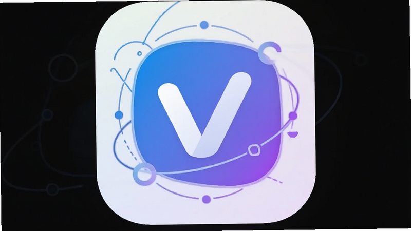 一款名为vircas的安卓应用图标位于画面正中央,图标采用扁平化设计风格,主色调为蓝紫渐变,背景为浅色渐变光晕,周围环绕着简洁的几何线条与圆点装饰,整体呈现出现代科技感与轻量工具的氛围,适配移动端应用展示场景